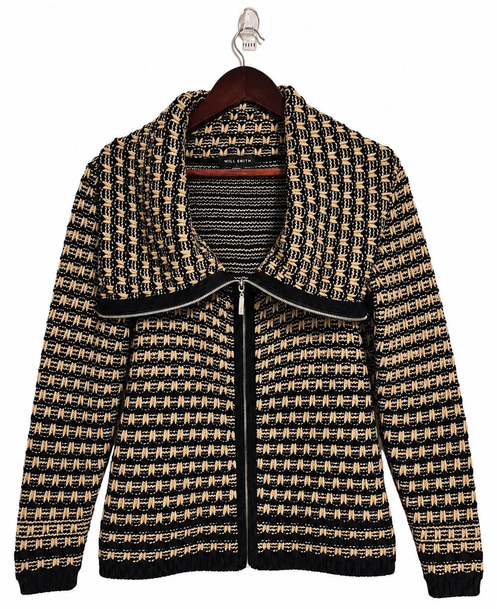 Willi Smith Women's Small Black Cream Textured Knit Zip Jacket Cardigan